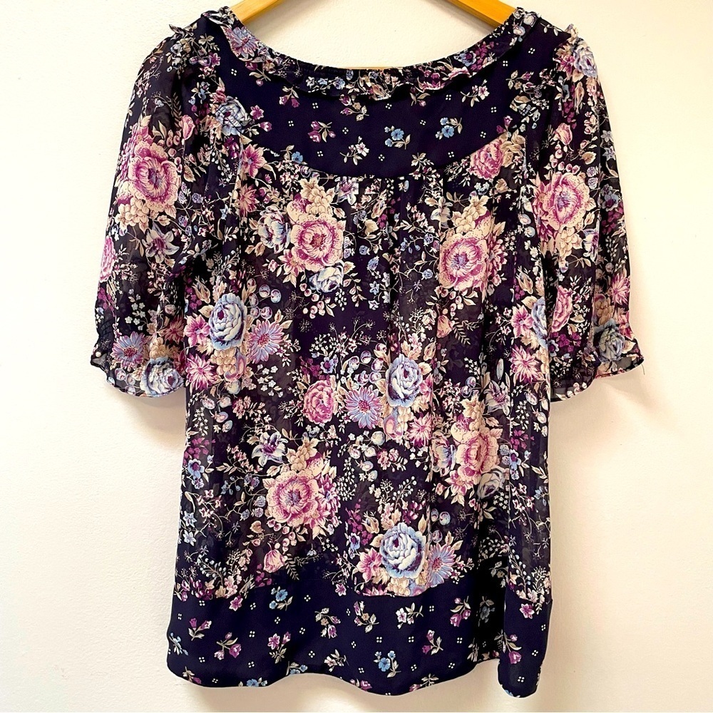 Loft Floral Mixed Print Sheer Ruffles Blouse Top M - Picture 4 of 6